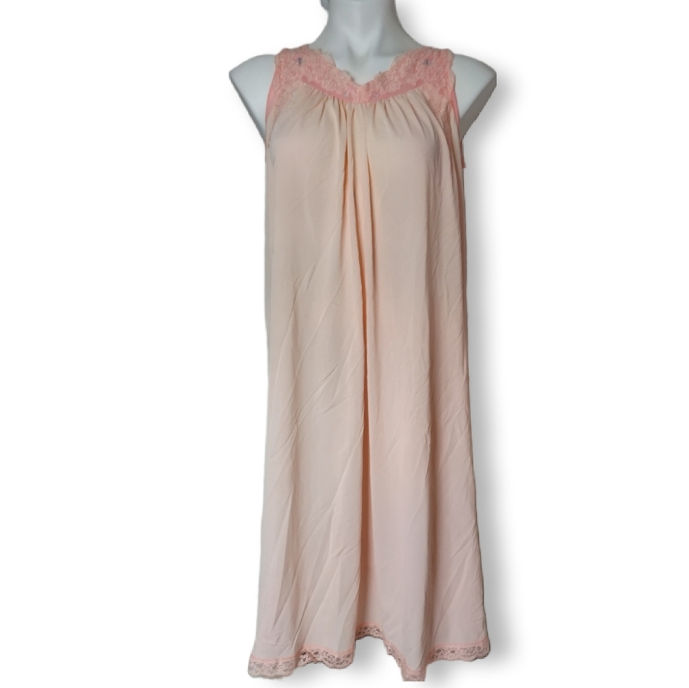 SHADOWLINE Vintage Peach Nylon Semi-Sheer Lace Trim Embroidered Nightgown S
